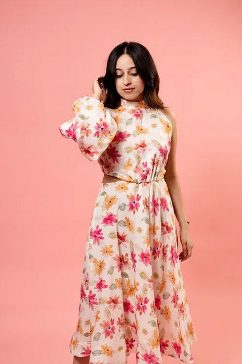 White Floral One Sleeve Midi Dress With Waist Cut